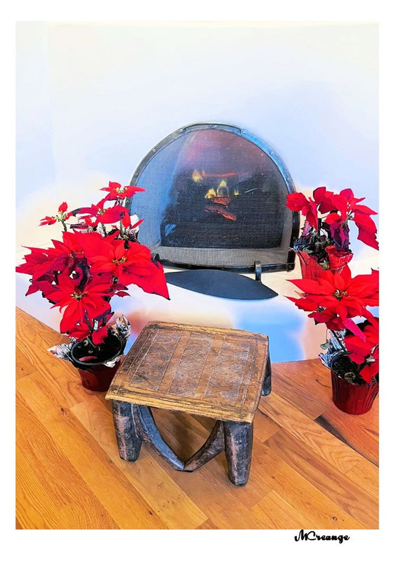 Fireplace and Poinsettias Holiday Card