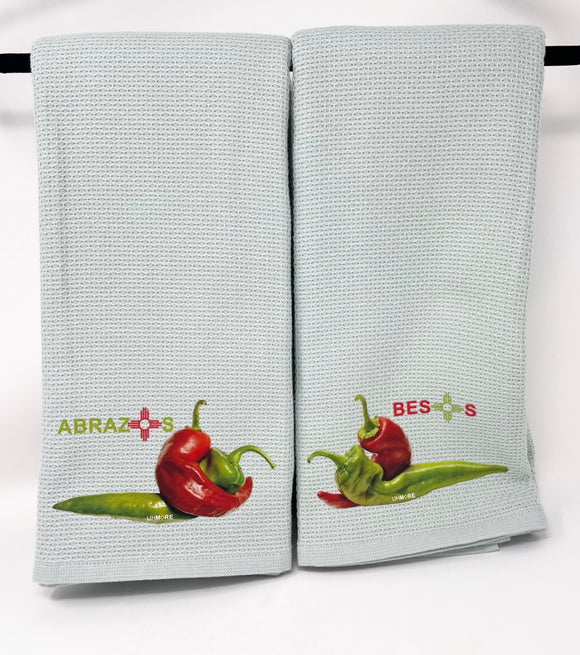 Abrazos Besos Red and Green Chile Tea Towel Set (Blue Waffle)